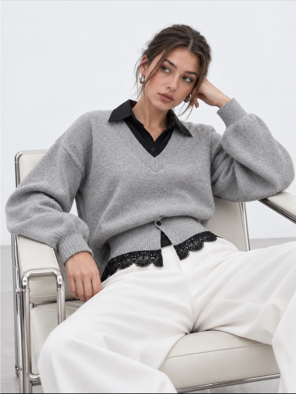 Commense Grey V-Neck Women's Sweater